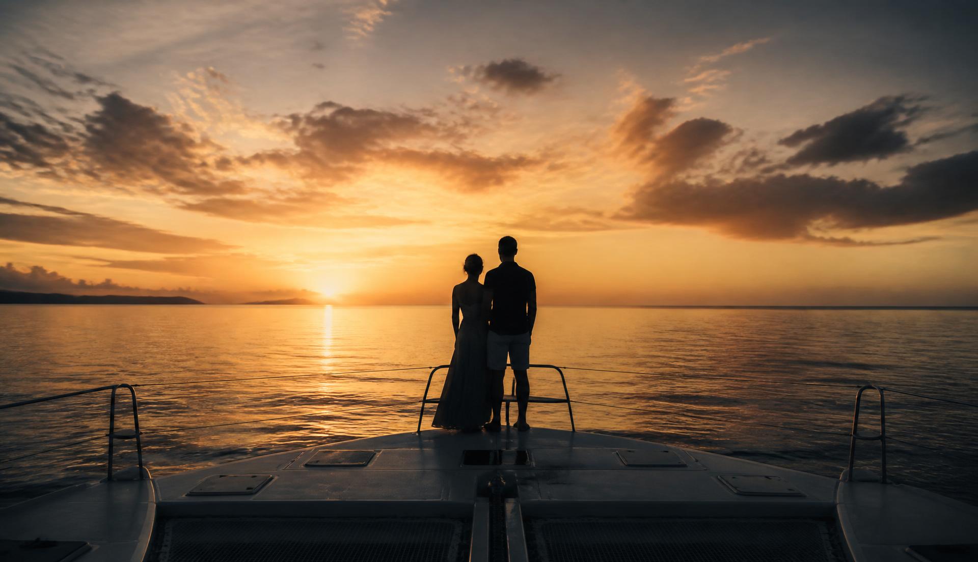 Couple on the bow watching Caribbean sunset